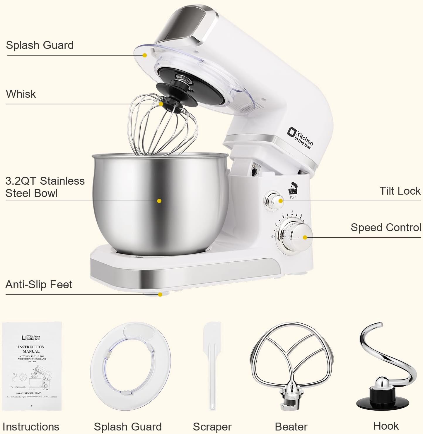 Kitchen in the box Stand Mixer,3.2Qt Mini Electric Food Mixer,6 Speeds Portable Lightweight Kitchen Mixer for Daily Use with Egg Whisk,Dough Hook,Flat Beater (White)