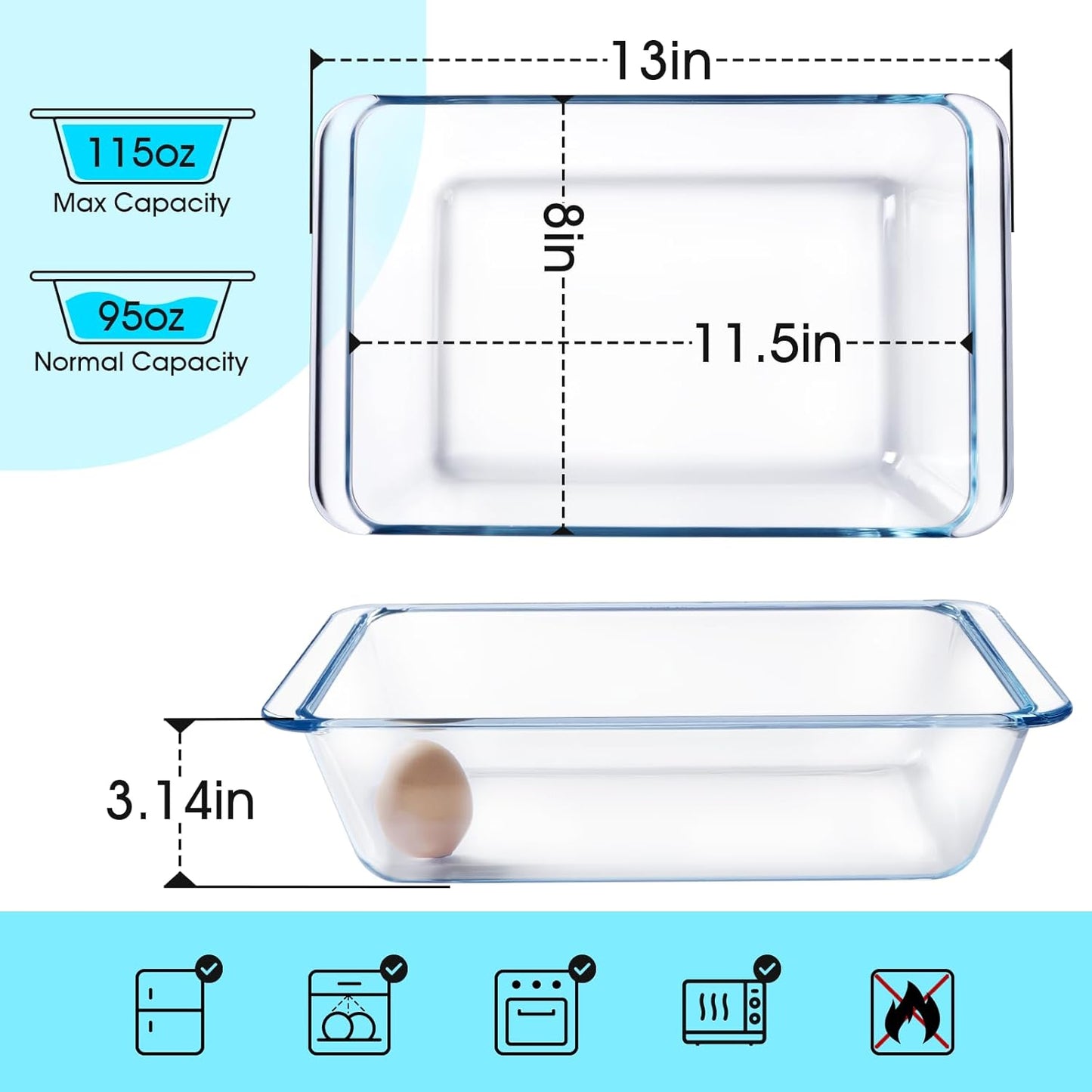 NUTRIUPS 3.7QT Deep Glass Baking Dish,(11.5×8inches）Large Glass Baking Pan,Rectangular Lasagna Pan,Glass Casserole Dish,Microwave & Oven Safe