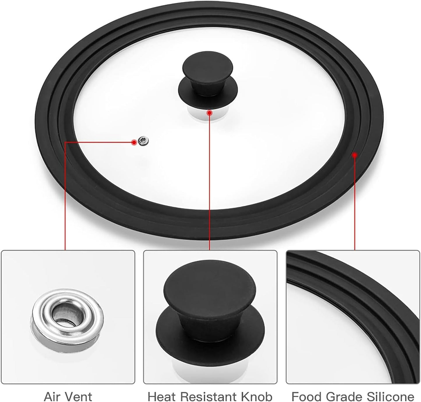 Universal Lid for Pots, Pans and Skillets, Tempered Glass Lid fit 11", 12", 12.5" Skillets, Pots, Frying Pans, Cast Iron, Crock Pot and Other Glass Covers Replacement