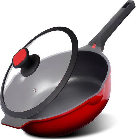 DIIG Nonstick Deep Frying Pan Skillet with Lid, 12 inch/ 5.5 QT Saute Pan with Silicone Lid, Sauce Cookware Cooking Chef Pans, Cast Aluminum Induction Compatible, Ruby Red