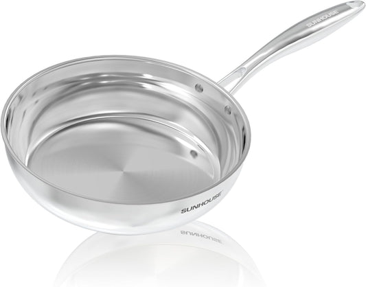 Sunhouse 10 Inch 18/10 Chef Series Stainless Steel Frying Pan, Tri-Ply Stainless Steel Construction, PFOA-FREE, Stay-Cool Handle, Induction Compatible with All Cooktops, Dishwasher Safe