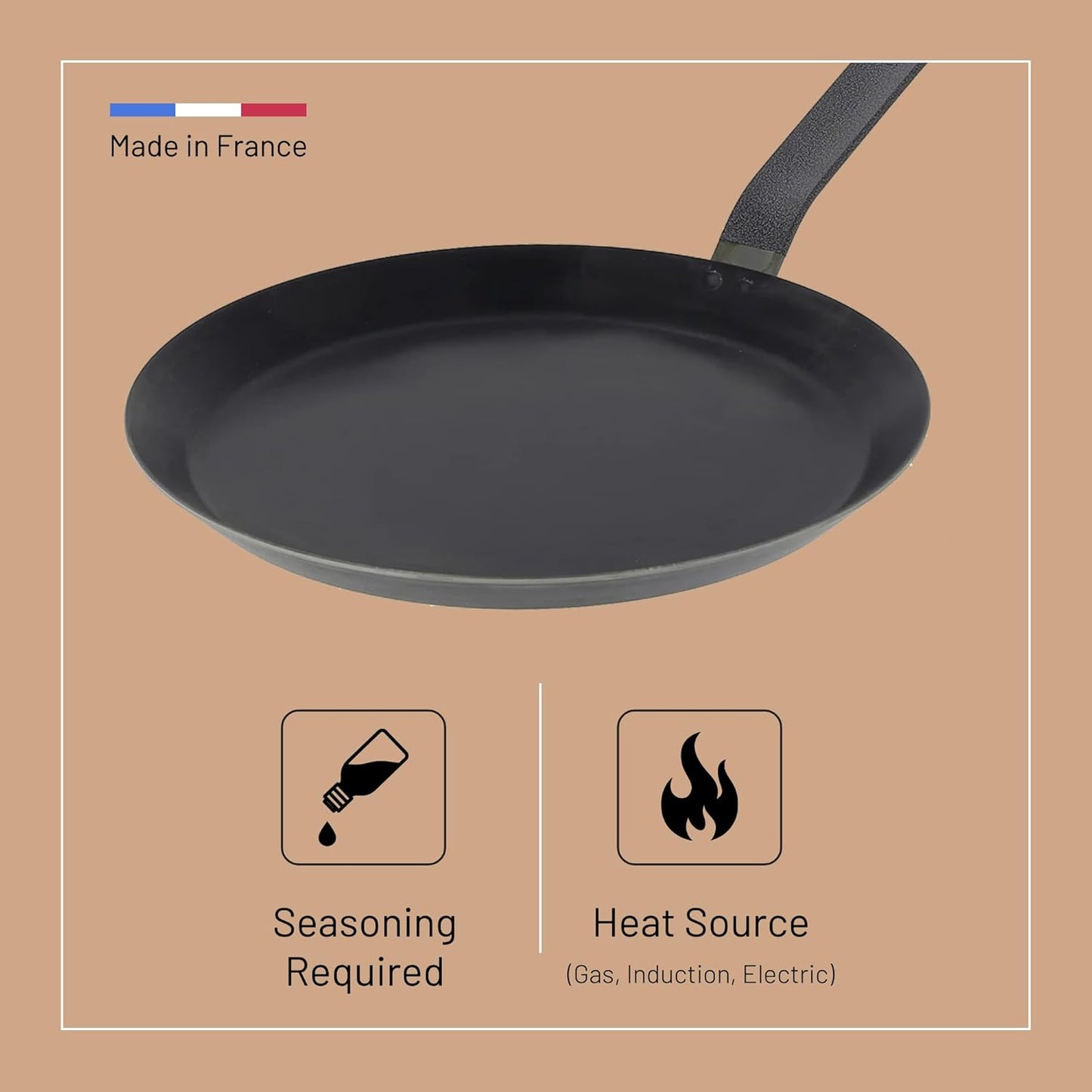 De Buyer Blue Carbon Steel Crepe & Tortilla Pan - 8” Diameter, 7.5” Cooking Surface - Ideal for Making & Reheating Crepes, Tortillas & Pancakes - PFAS, PFOA & PFOS Free - Made in France