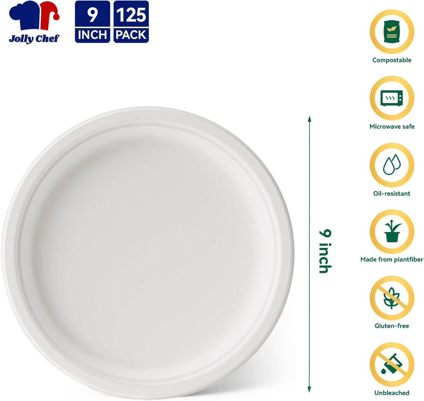 JOLLY CHEF Compostable Heavy Duty Plates 9 Inch [125 Pack] Eco-Friendly Disposable Natural Paper Plates Bagasse Biodegradable Bulk for Party Dinner Sugarcane Fibers Round 125 Count(White)