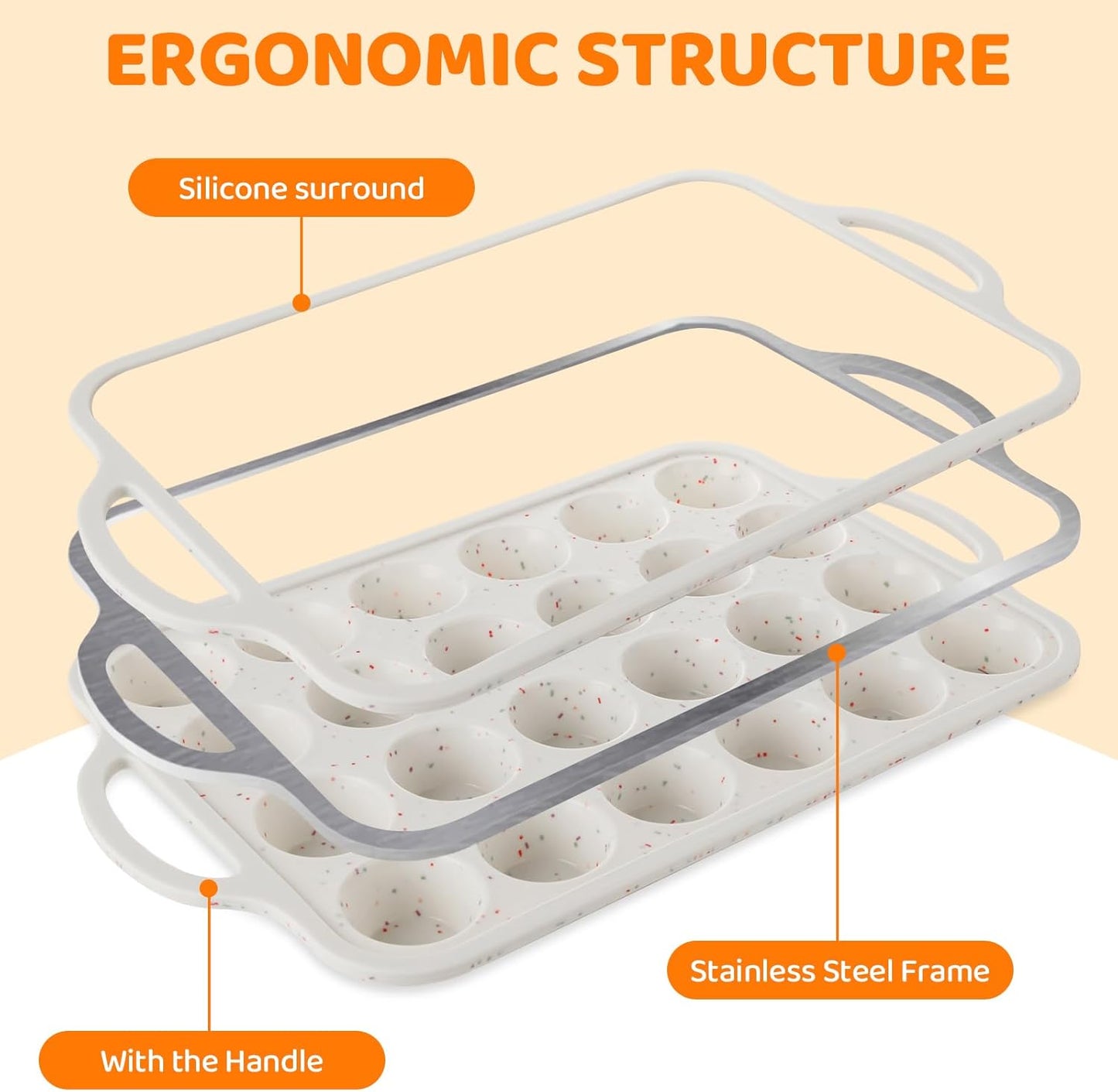 3 Pack Silicone Muffin Pan for Baking 24 Cup Mini Silicone Cupcake Pan with Metal Reinforced Frame, Nonstick Baking Cups BPA Free Silicone Cupcake Molds for Oven Dishwasher Safe, Cream