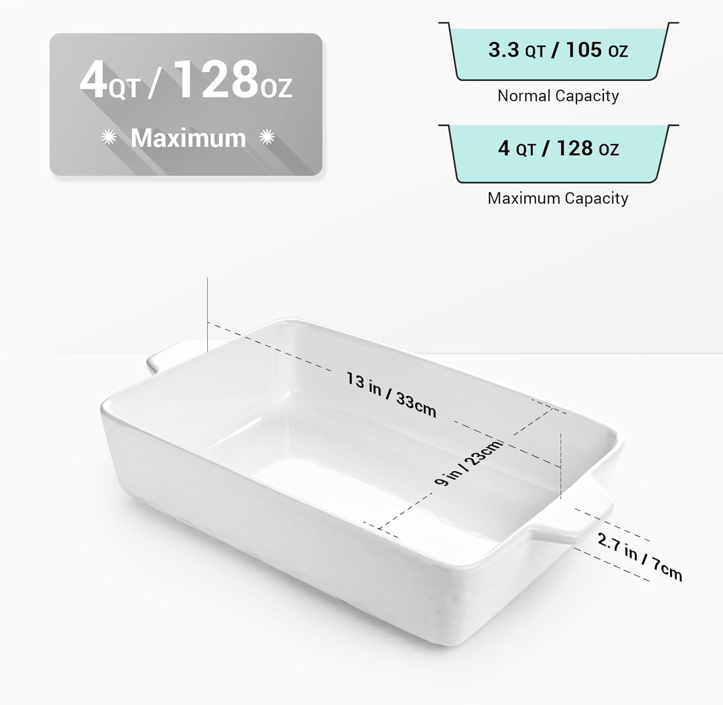 4 QT Baking Dish, Casserole Dishes for Oven, 9x13 Baking Pan with Handles, Lasagna Pan Deep, Ceramic Casserole Dish Oven Safe for Baking, Lasagna, Kitchen, Wedding Gift (White)