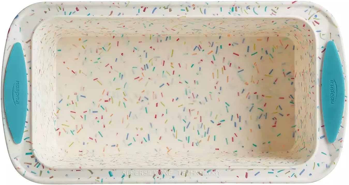 Trudeau Structure Silicone Loaf Pan with Steel Rim, 8.5 x 4.5, Nonstick Bakeware, White Confetti with Blue Base, BPA-Free, Oven Safe to 428°F, Dishwasher Safe