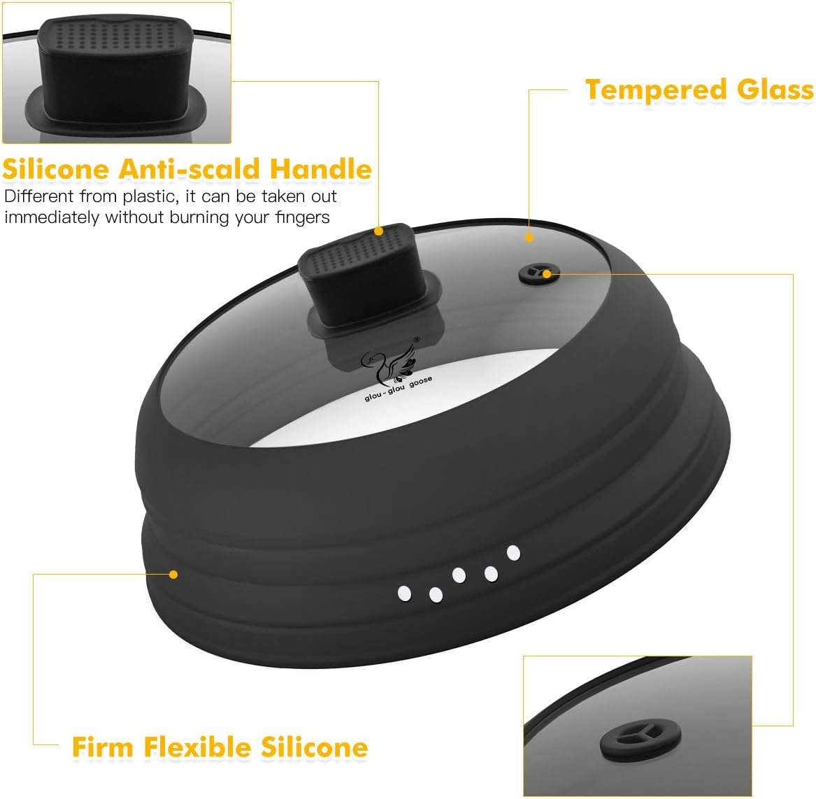 Microwave Splatter Cover Glass Cover Guard Lid with Collapsible Silicone for Food Pot Plate Cover 9.8 inch Black