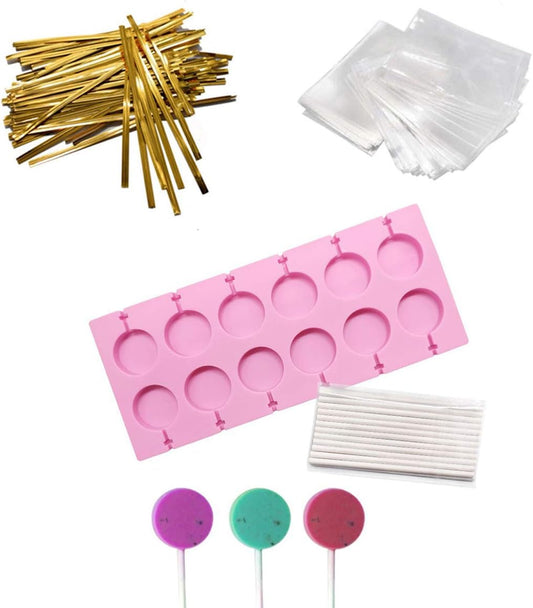 12 Capacity Silicone Lollipop Molds,Chocolate Hard Candy Mold with 50pcs 4 inch Lollypop sucker sticks,Candy Treat Bags,gold ties. (Round pink)