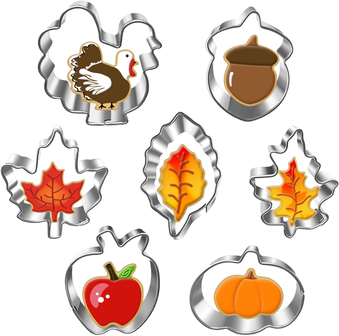 Mini Autumn Cookie Cutter Set-7 Piece-2.0 Inch-Diswasher Safe-Mini Autumn Leaf, Apple, Pumkin, Acorn, Maple, Turkey-Mini Baking Pie Crust Cutter for Thanksgiving