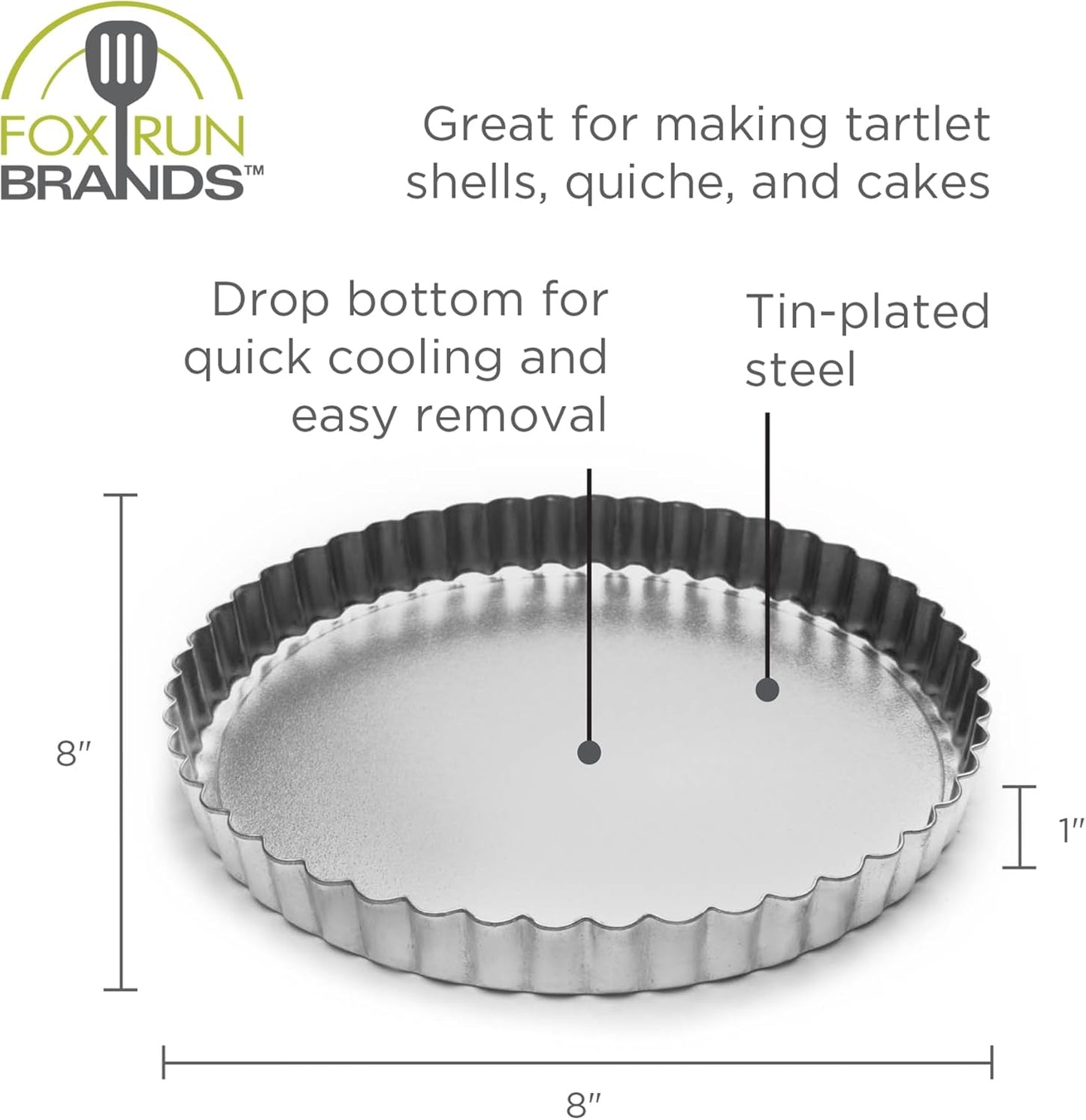 Fox Run Round Tartlet/Quiche Pan with Removable Bottom, Tin-Plated Steel, 8-Inch