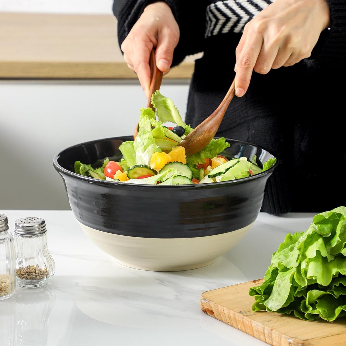 Hasense Ceramic Serving Bowls Set of 2, 9 Inch Large Salad Bowls for Kitchen, 84 Ounce Mixing Bowl Set for Cooking, Baking, Side Dishes, Soup, Popcorn, Dishwasher and Microwave Safe, Black