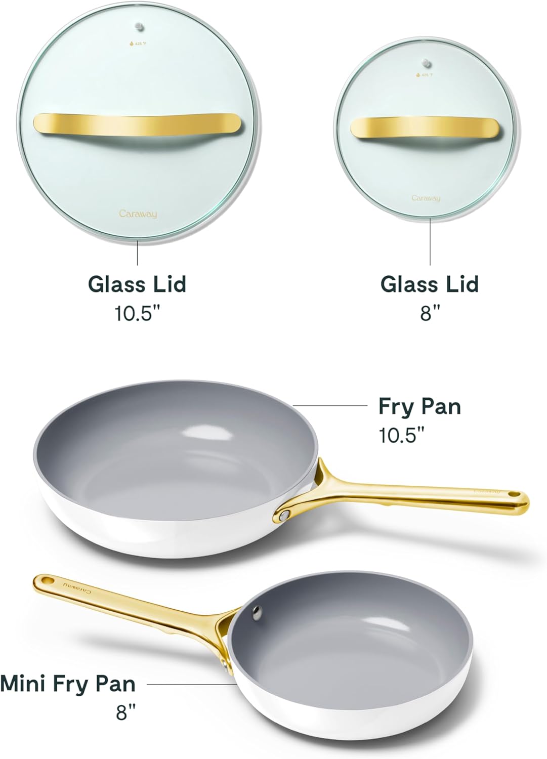 Caraway Ceramic Nonstick Fry Pan Set with Glass Lids – Includes Two 10.5” Fry Pans, One 8” Fry Pan, & Three Lids - Non Toxic, PTFE & PFOA Free - Oven Safe & Compatible with All Stovetops - White