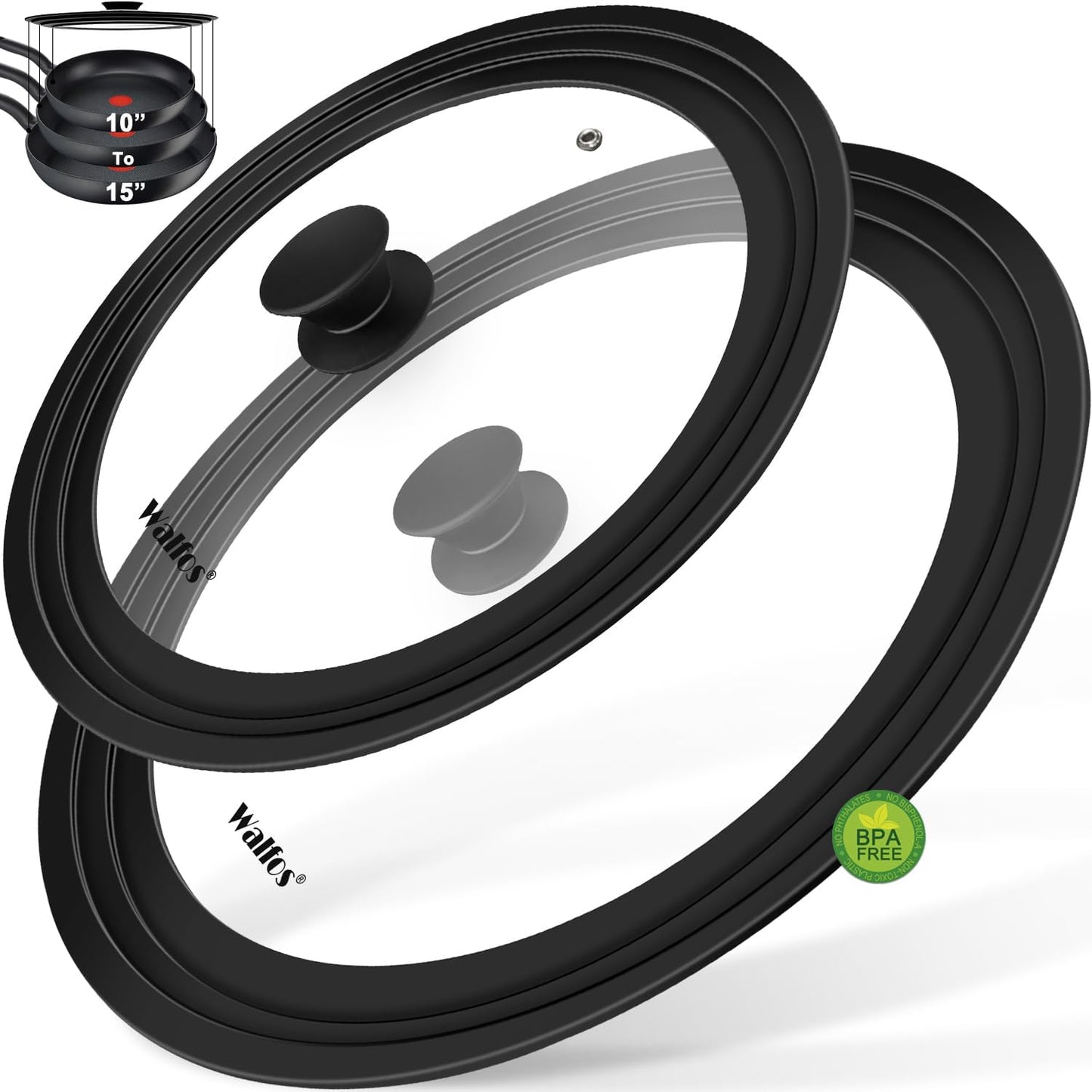 Walfos 2 Pcs Universal Pot Lids, Frying Pan Lid with Heat Resistant Silicone Rim, Fits All 10", 11", 12" to 13", 14", 15" Diameter Cookware, Pots, Pans and Skillets, BPA Free and Dishwasher Safe