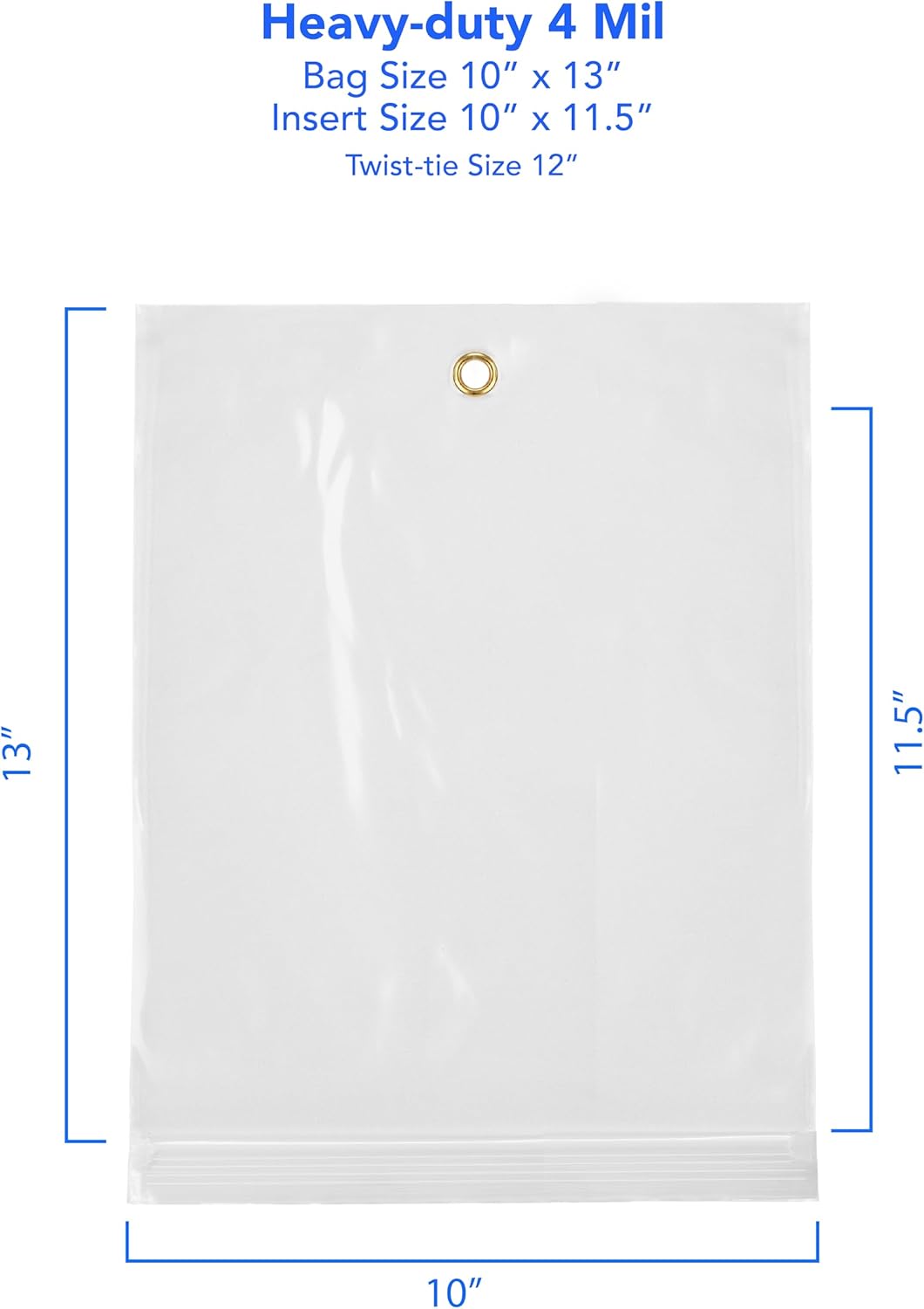 GPI - 10" x 13" Reclosable Zip Bags with Bottom Hang-hole & Pre-inserted 12" Twist-tie. 4 Mil Heavy-duty Resealable Zipper Baggy with Grommet/Metal Eyelet for Hanging (Insert Size 10x11.5) 1000 Pack