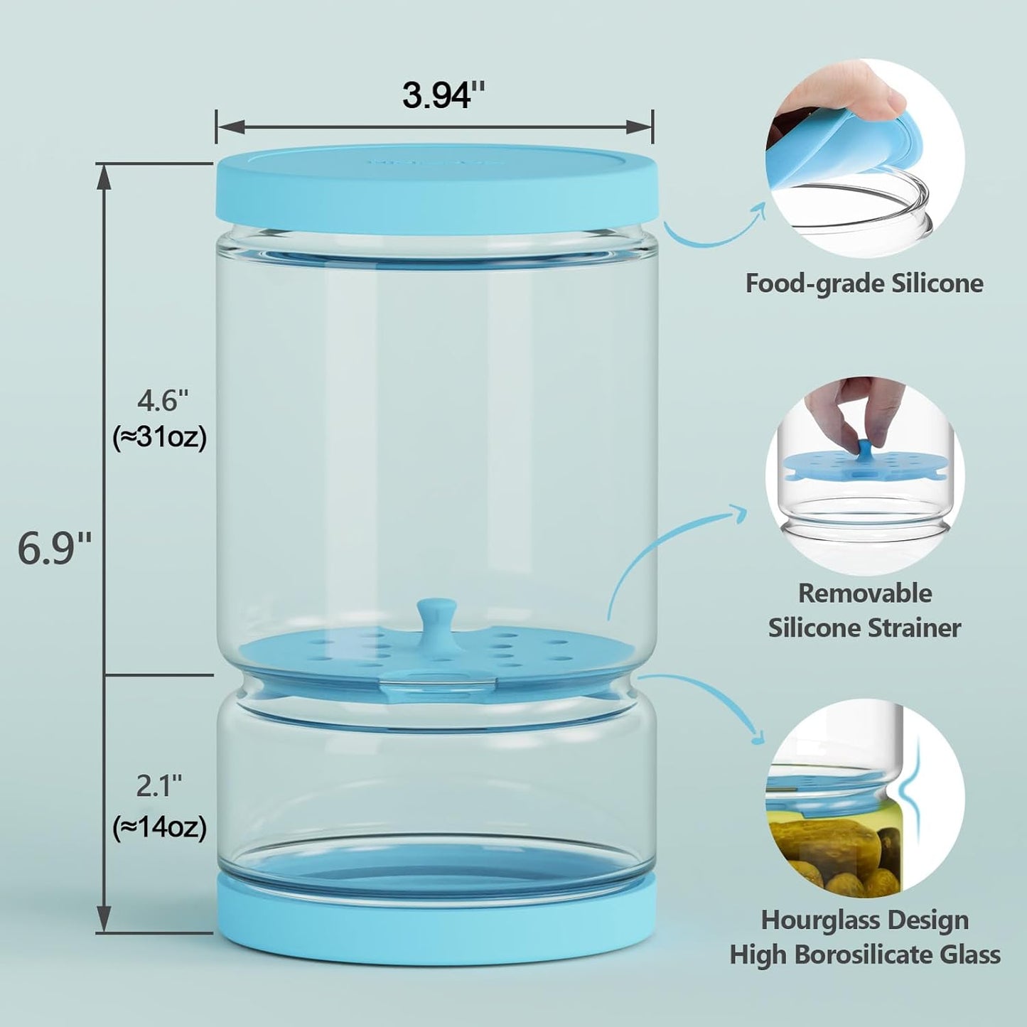 Glass Pickle Jar with Strainer Flip for Pickle Lover - 45 OZ Leakproof Airtight Juice Separator for Olive, Gherkin or Chilli, BPA Free, Dishwasher and Refrigerator Safe (Blue, 45 oz*1 pack)