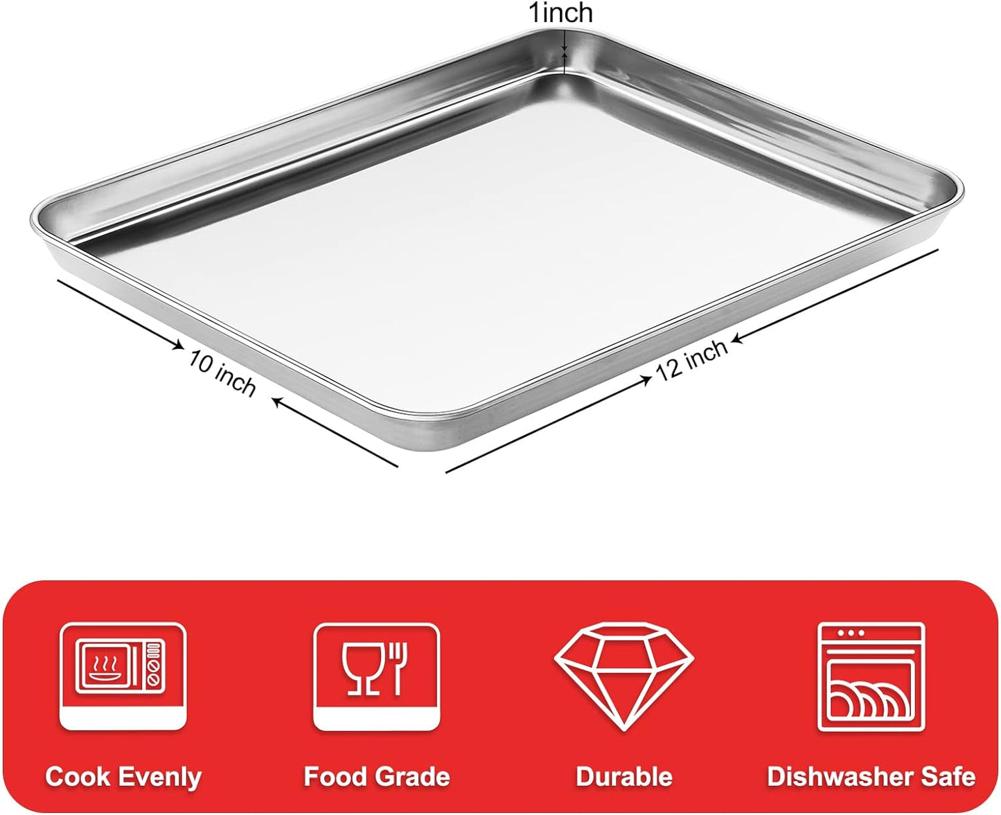 Cookie Sheets for Baking, Stainless Steel Baking Sheet Baking Pan Tray - 12.4 x 10 x 1 Inch, Non Toxic & Healthy, Mirror Finish & Easy Clean, Dishwasher Safe & Heavy Duty