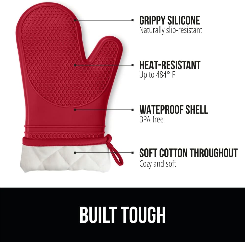 GORILLA GRIP BPA-Free Soft Silicone Oven Mitts, Heat Resistant and Waterproof Cooking Gloves, Thick Cotton Lining, Flexible Gripping for Baking Grilling, Kitchen Potholders Set of 2, 12.5x8.3, Red