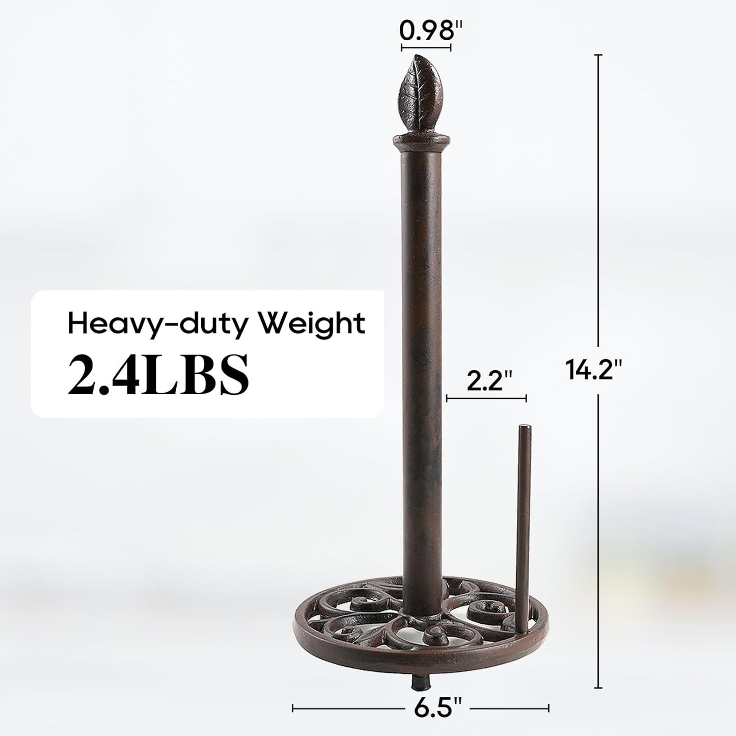 JOGREFUL Paper Towel Holder Stand, Cast Iron Kitchen Paper Towel Countertop Vintage Stand with Weighted-Base, Bathroom Organization for Family Standard Large Size Roll Paper, Leaf Top, Brown