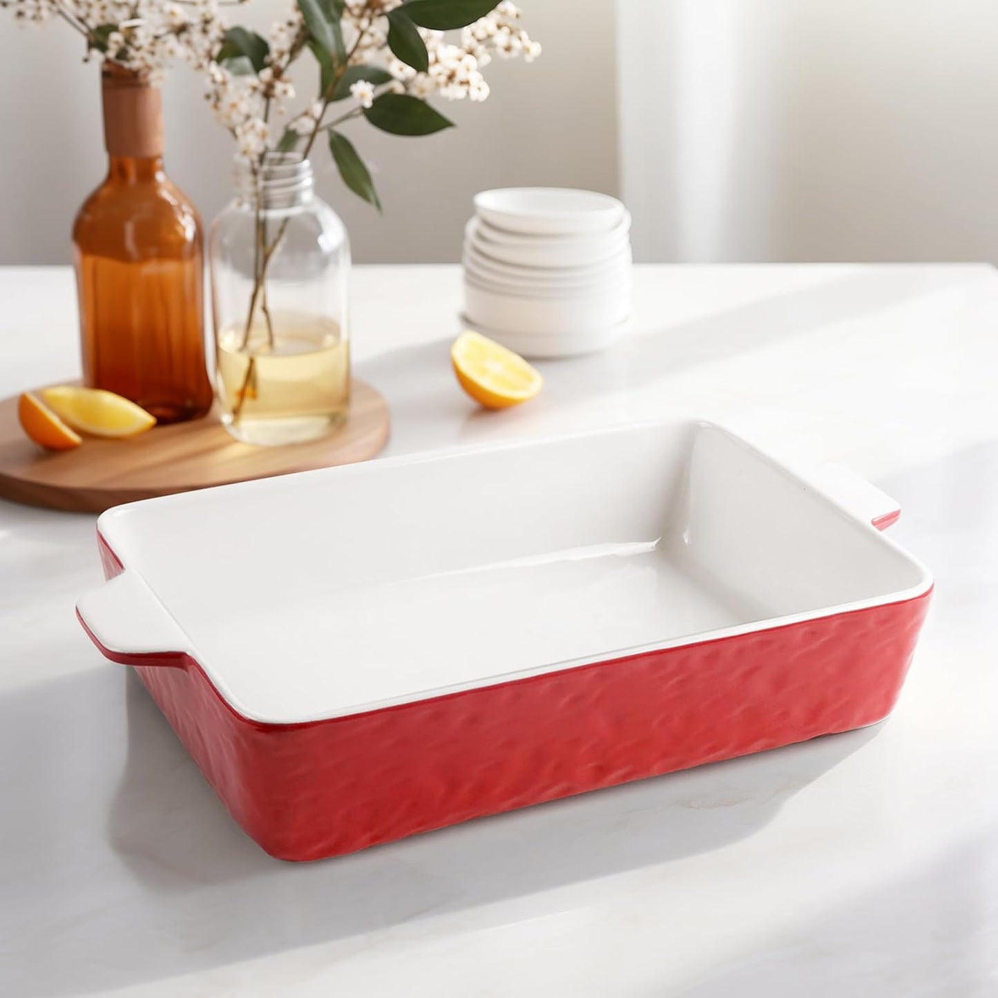 4 QT Baking Dish, Casserole Dishes for Oven, 9x13 Baking Pan with Handles, Lasagna Pan Deep, Ceramic Casserole Dish Oven Safe for Baking, Lasagna, Kitchen, Wedding Gift (Red)