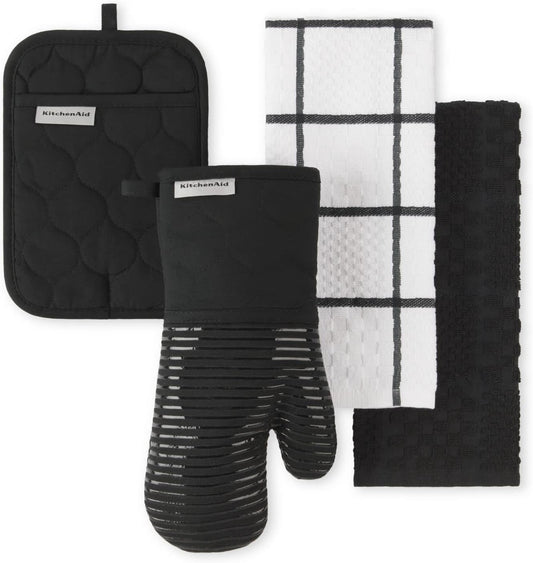 KitchenAid Quilted Cotton Terry Cloth Oven Mitt, Pot Holder Heat Resistant, 16"x26", 7"x13" & 7"x10", Matte Black