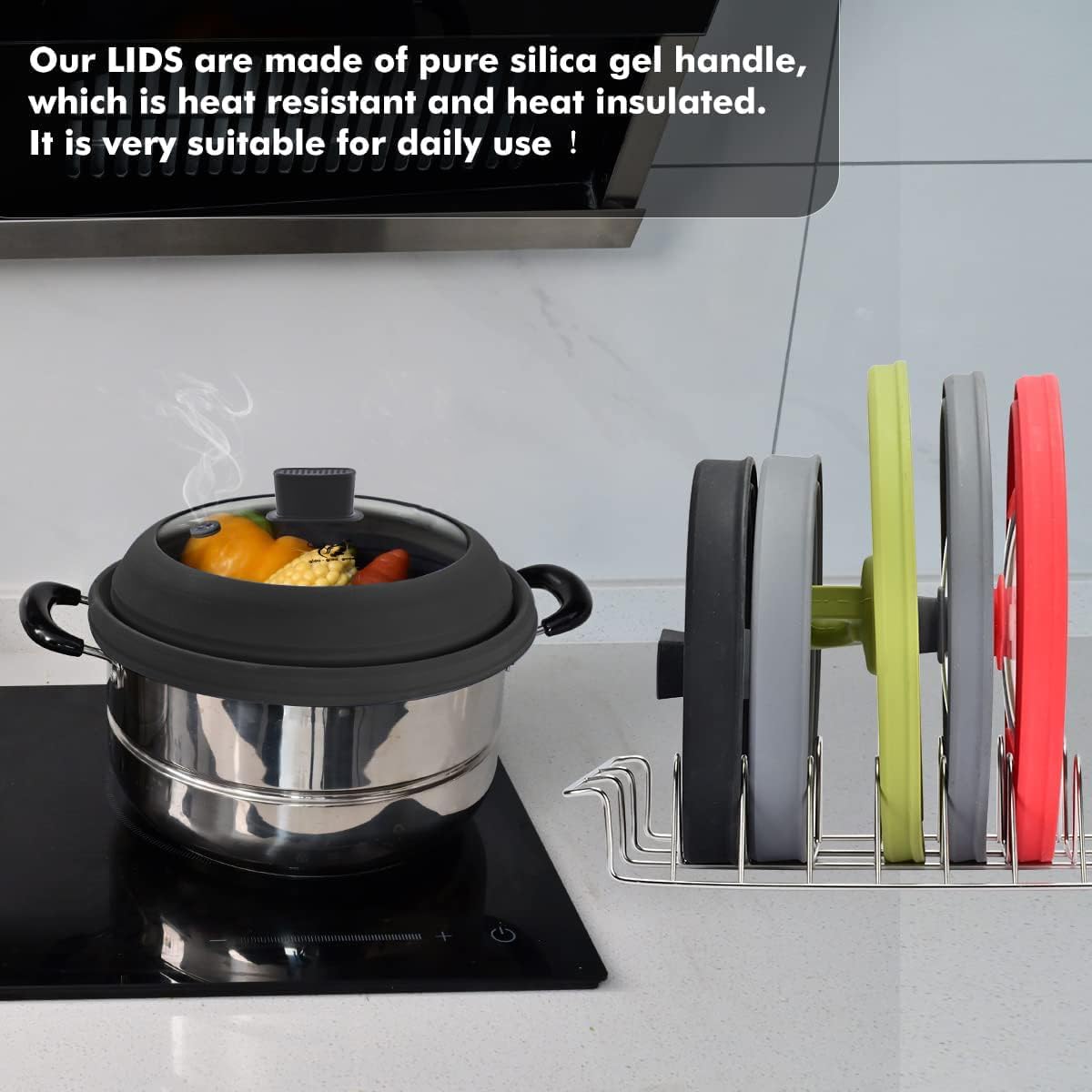 Microwave Splatter Cover Glass Cover Guard Lid with Collapsible Silicone for Food Pot Plate Cover 10.8 inch Black