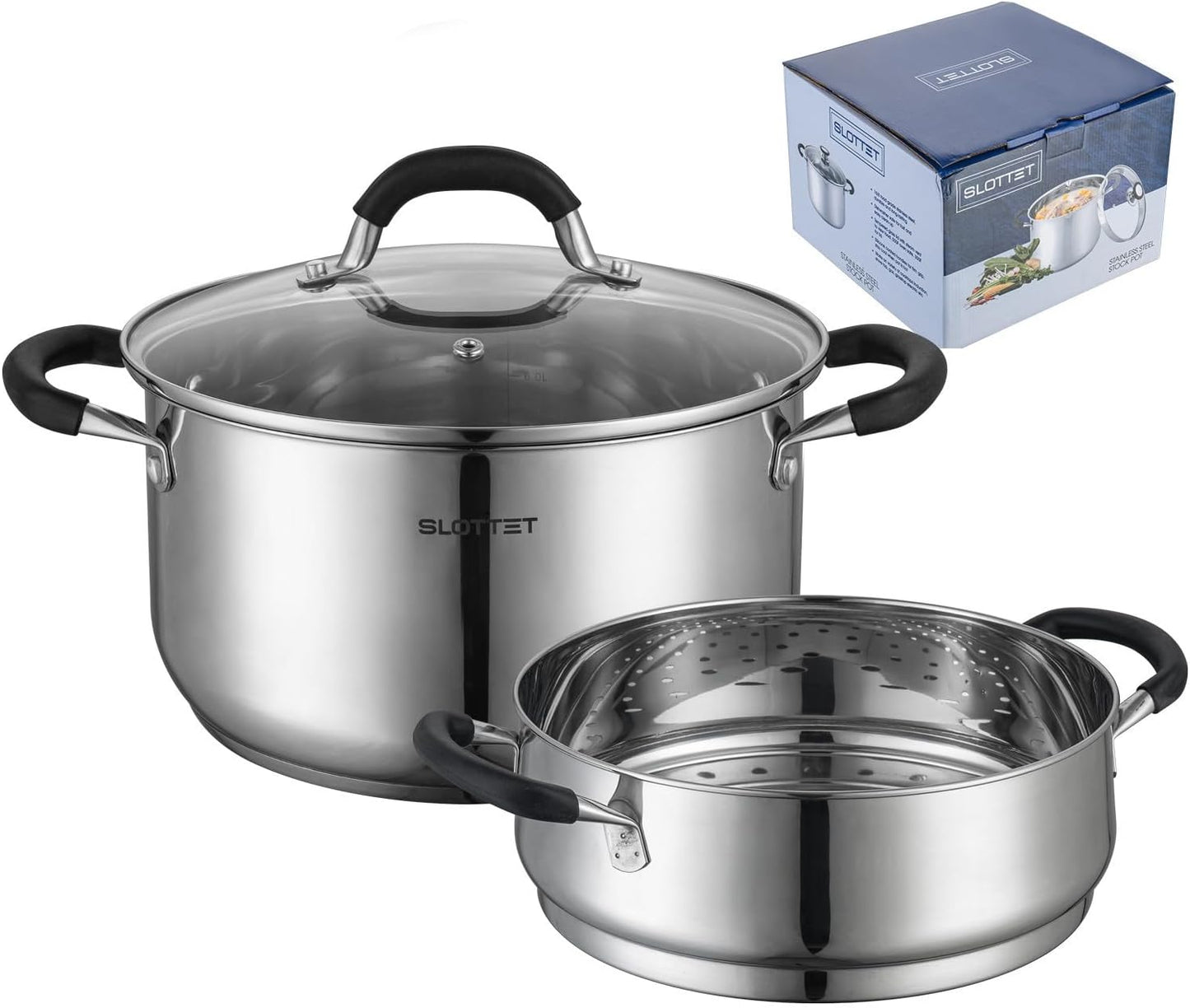 Stainless Steel 8 Quart Stock Pot with Steamer,8 Qt Deep Soup Pot for cooking,Multipurpose Stockpot with silicone Stay-cool Handle.