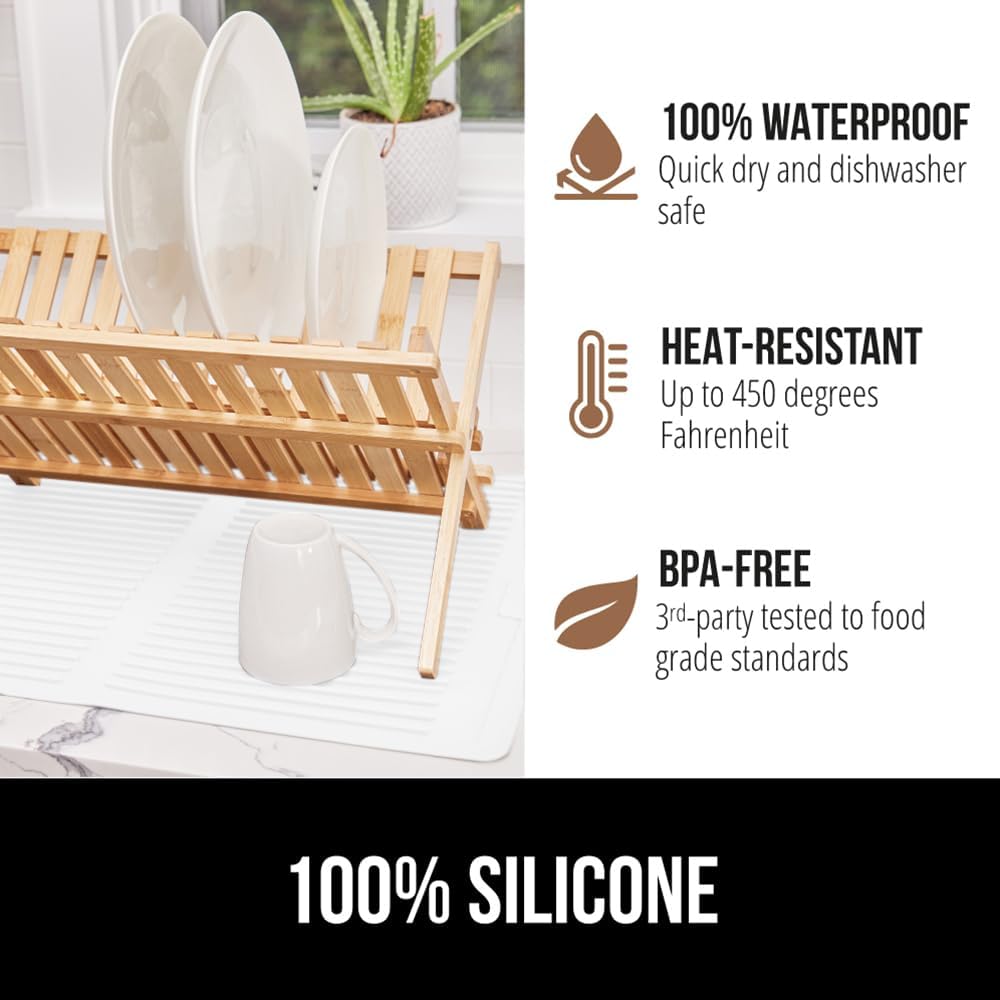 GORILLA GRIP 100% BPA-Free Patented Silicone Dish Drying Mat for Kitchen Counter, Water Catching Ribbed Design, Easy Clean Waterproof Sink Liner, Heat Resistant, Fits Under Rack, 16x12 Inch, White