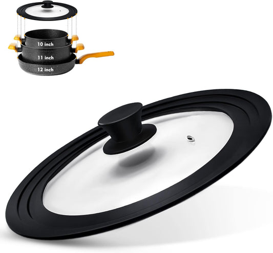 Universal Lid for Pots, Pans and Skillets, Pot Lid With Heat Resistant Silicone Rim and Tempered Glass,Fits 10", 11", 12" Diameter Pots and Pans