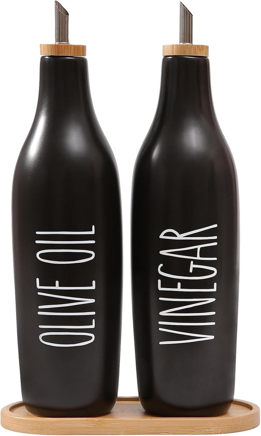 HOMCDALY Olive Oil and Vinegar Dispenser Set, Ceramic Oil and Vinegar Bottles with Bamboo Tray, 16.9oz Kitchen Cruet - Set of 2 - Black