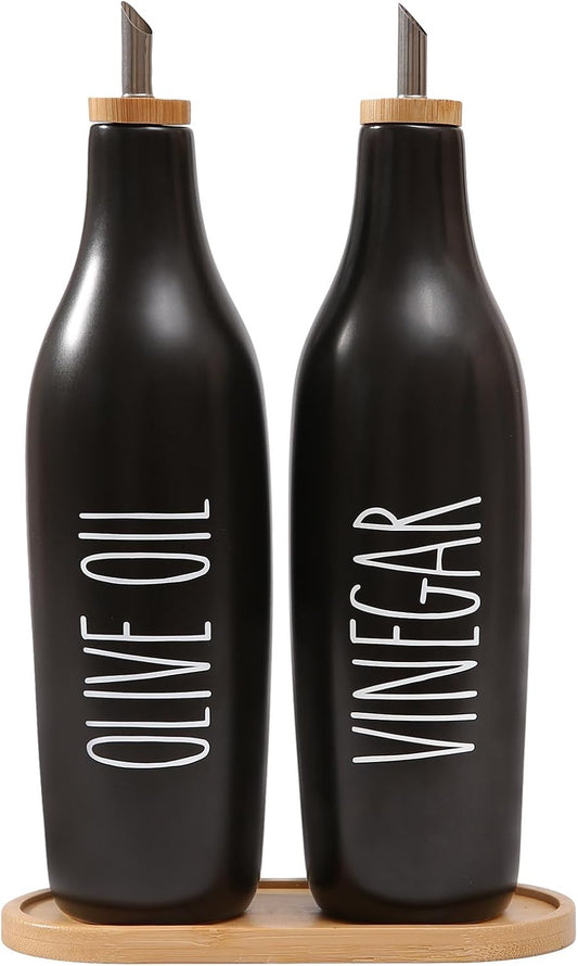 HOMCDALY Olive Oil and Vinegar Dispenser Set, Ceramic Oil and Vinegar Bottles with Bamboo Tray, 16.9oz Kitchen Cruet - Set of 2 - Black