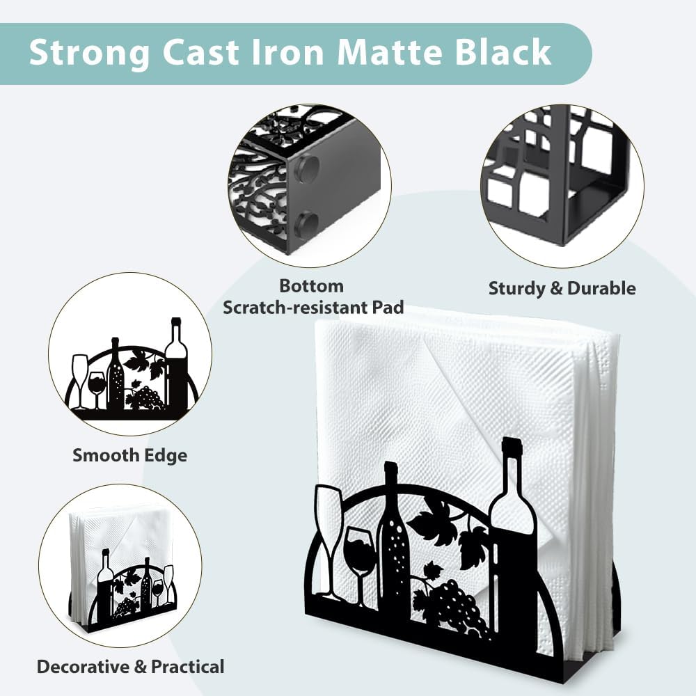 Grape Wine and Glass Decorative Black Metal Napkin Holder for Table, 4.9" x 4.9" x 1.9" Standing Napkin Holder for Home Kitchen Restaurant Picnic Party Coffee Bar Dining Room