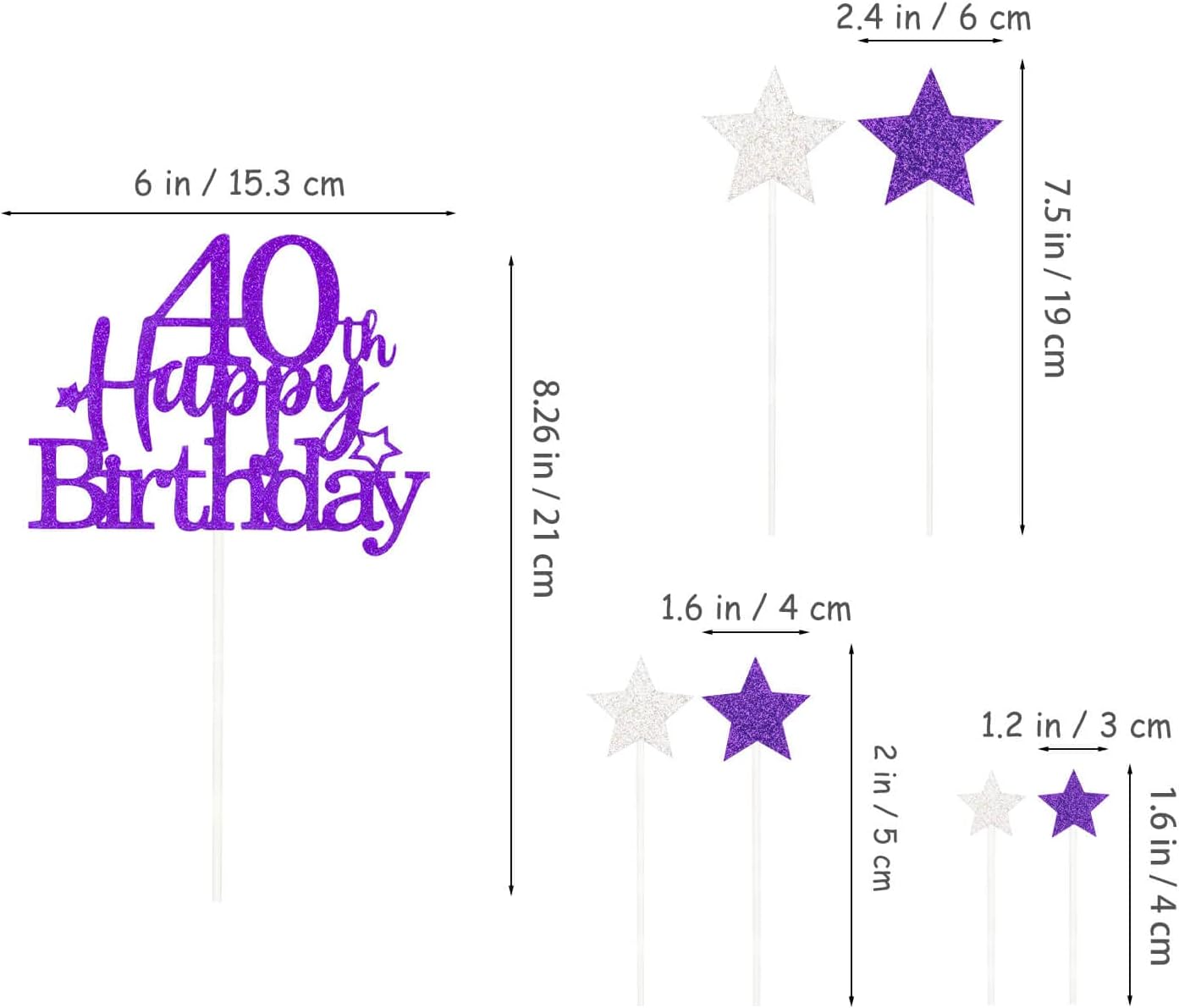 Glittery 40th Happy Birthday Cake Topper with Star,Personalised 40 Birthday Cake Toppers Party Decorations Party Supplies for Men Women Purple Silver