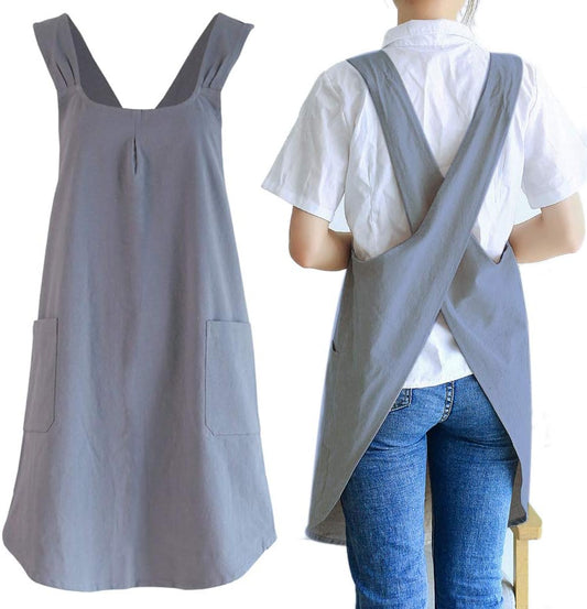 NEWGEM Japanese Linen Cross Back Cooking Aprons for Women Men with Pockets Cute for Baking Kitchen