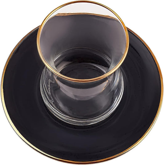KARACA Retro Anthracite Tea Set for 6, 6 Turkish Tea Glasses, 12 Pcs, Gold Decal Details