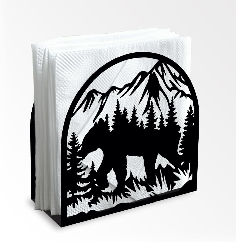 Forest Animals Mountain Decorative Black Metal Napkin Holder for Table, 4.9" x 4.9" x 1.9" Bear Standing Napkin Holder for Home Kitchen Restaurant Picnic Party Coffee Bar Dining Room
