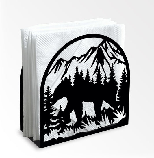 Forest Animals Mountain Decorative Black Metal Napkin Holder for Table, 4.9" x 4.9" x 1.9" Bear Standing Napkin Holder for Home Kitchen Restaurant Picnic Party Coffee Bar Dining Room