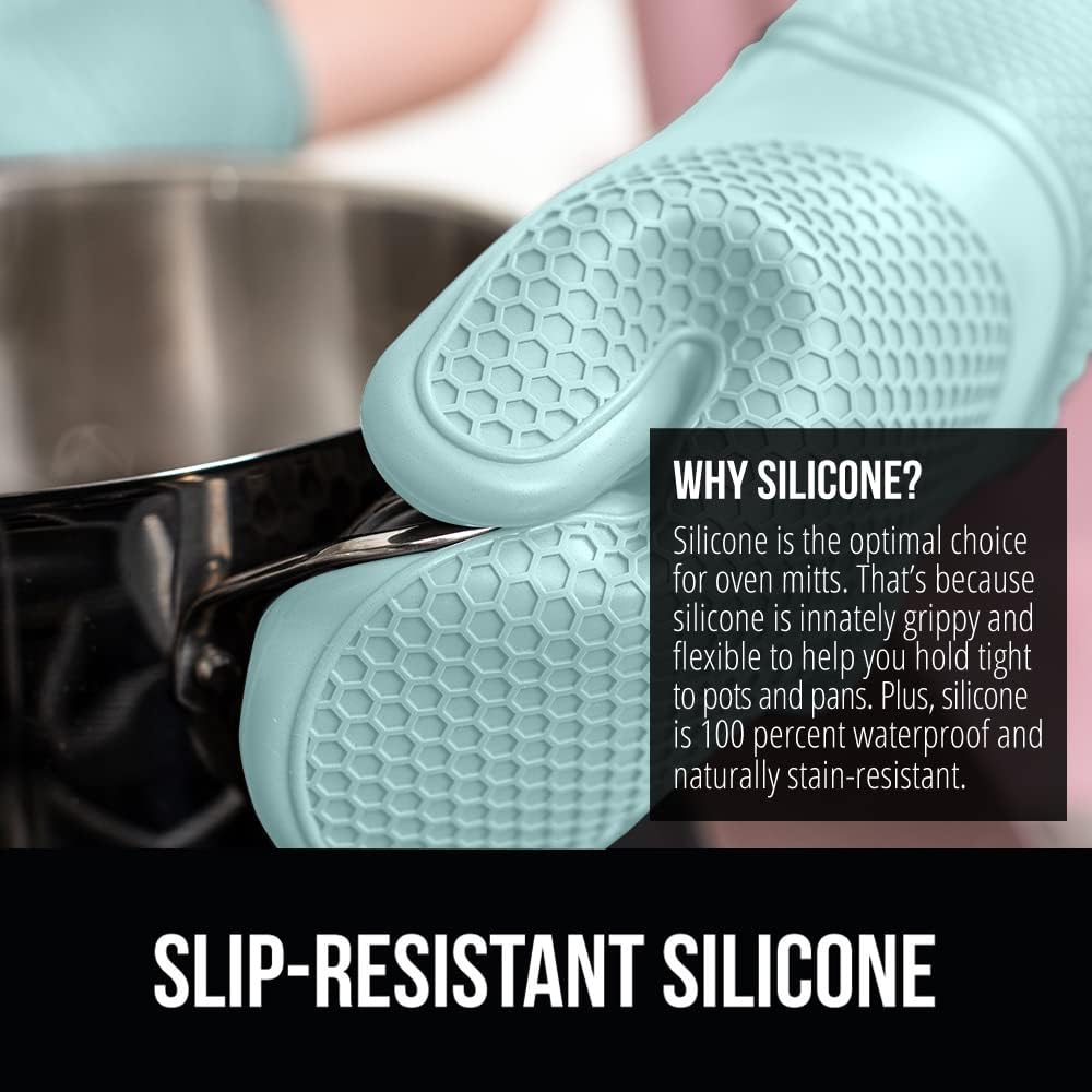 GORILLA GRIP BPA-Free Soft Silicone Oven Mitts, Heat Resistant and Waterproof Cooking Gloves, Thick Cotton Lining, Flexible Gripping for Baking Grilling, Kitchen Potholders Set of 2, 12.5x8.3, Mint