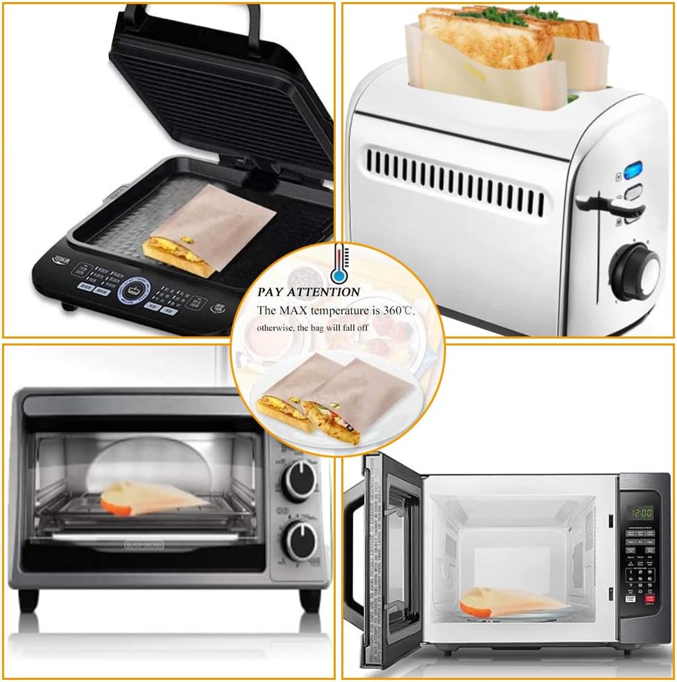 Toaster Bags Reusable for Grilled Cheese Sandwiches | Safest On The Market - 100% BPA & Gluten Free | Non Stick Toast Bag (10PCS)