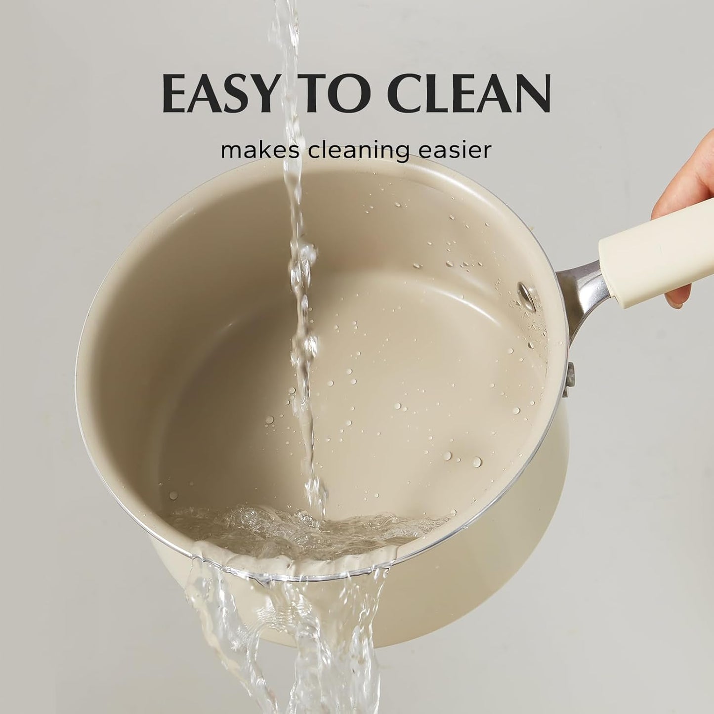 Redchef Ceramic Nonstick Saucepan with Lid, 3QT Small Cooking Pot, Non Toxic Sauce Pans for Kitchen, Cool Handle PFAS Free Compatible with All Cooktops, White