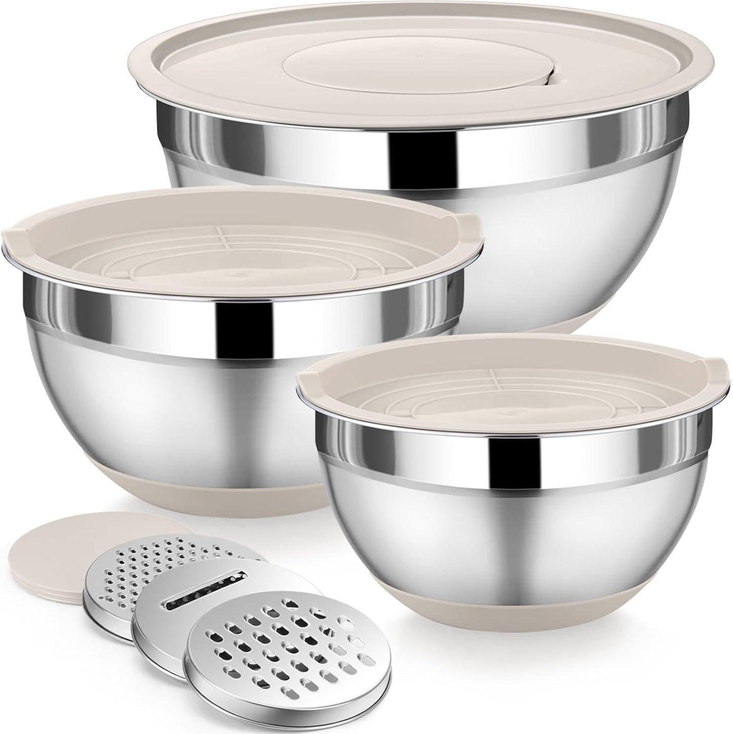 P&P CHEF Mixing Bowl with Lids Set of 3, Stainless Steel Nesting Salad Bowls for Serving Preparing, 3 Grater Attachments & Non-Slip Bottoms, Size 1.5/2.6/4.6 QT, Khaki