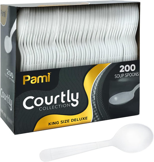 PAMI Heavy Weight Disposable Plastic Soup Spoons [200-Pack] - Bulk King Size Deluxe White Plastic Silverware For Parties, Weddings, Catering Food Stands, Takeaway- Heavy-Duty Single-Use Partyware