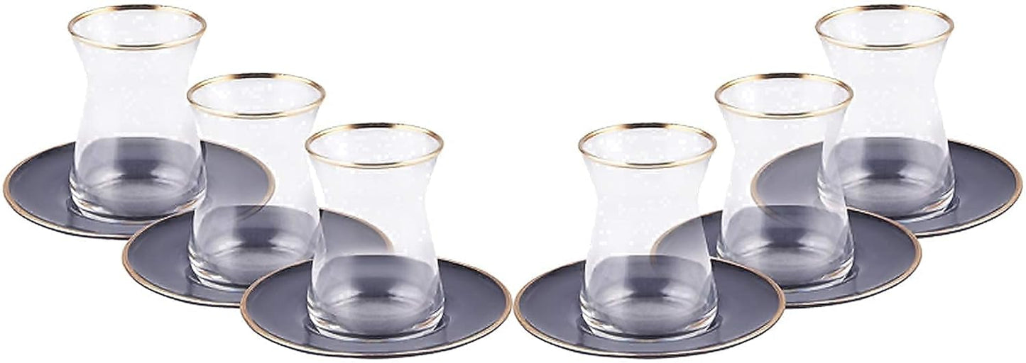 KARACA Retro Anthracite Tea Set for 6, 6 Turkish Tea Glasses, 12 Pcs, Gold Decal Details
