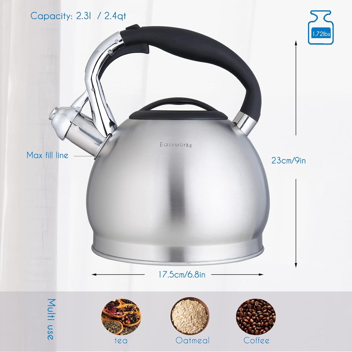 Easyworkz Whistling Stovetop Tea Kettle Food Grade Stainless Steel Hot Water Tea Pot With Loud Whistle, 2.4 Quart(2.3l)
