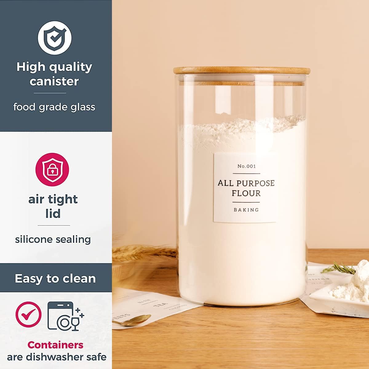 1 Gallon Large Glass Food Storage Containers With Airtight Bamboo Lid - Kitchen Glass Storage Jars Canister With 42 Pantry Labels - Thicken Big Clear Rice Containers For Your Pantry