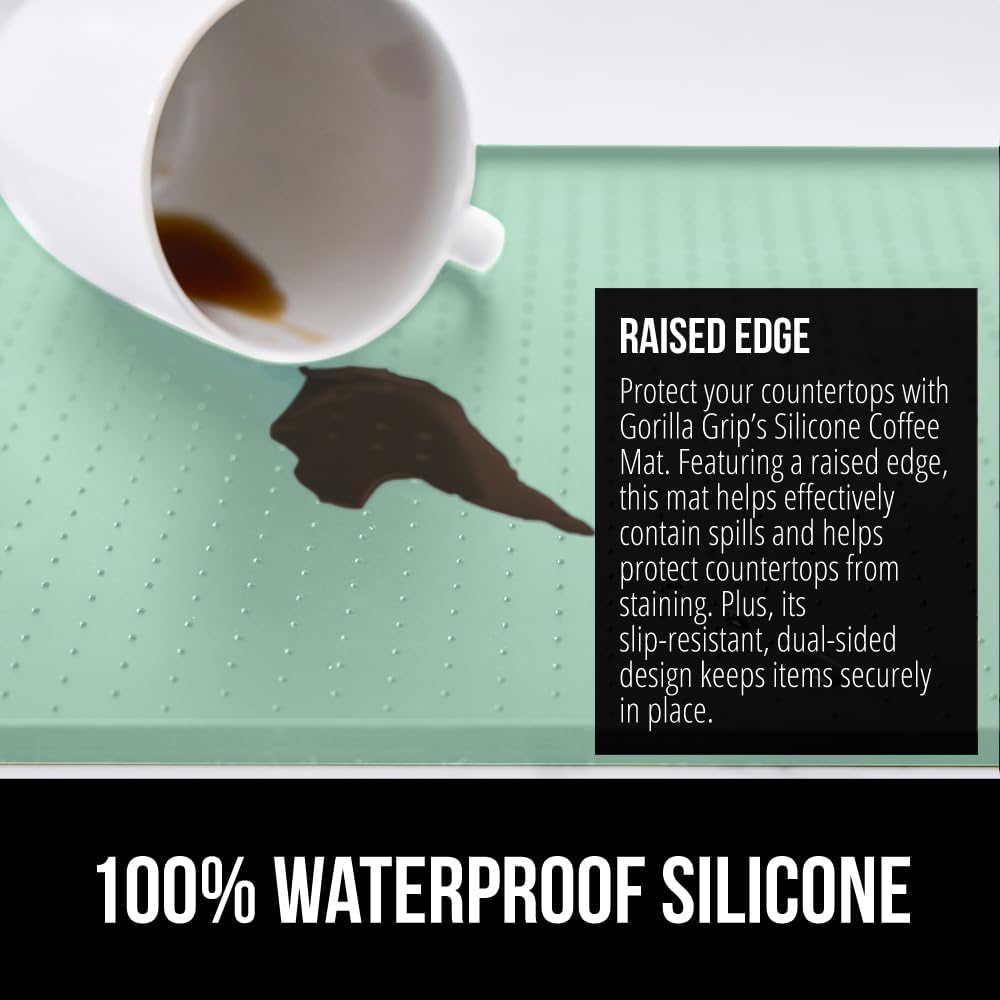 GORILLA GRIP Silicone Coffee Mat, 18x28, Espresso Drink Bar Station Accessories, Waterproof Heat-Resistant Dish Drying Mats, Stay in Place on Kitchen Counter, Home Kitchen Décor Essentials, Mint