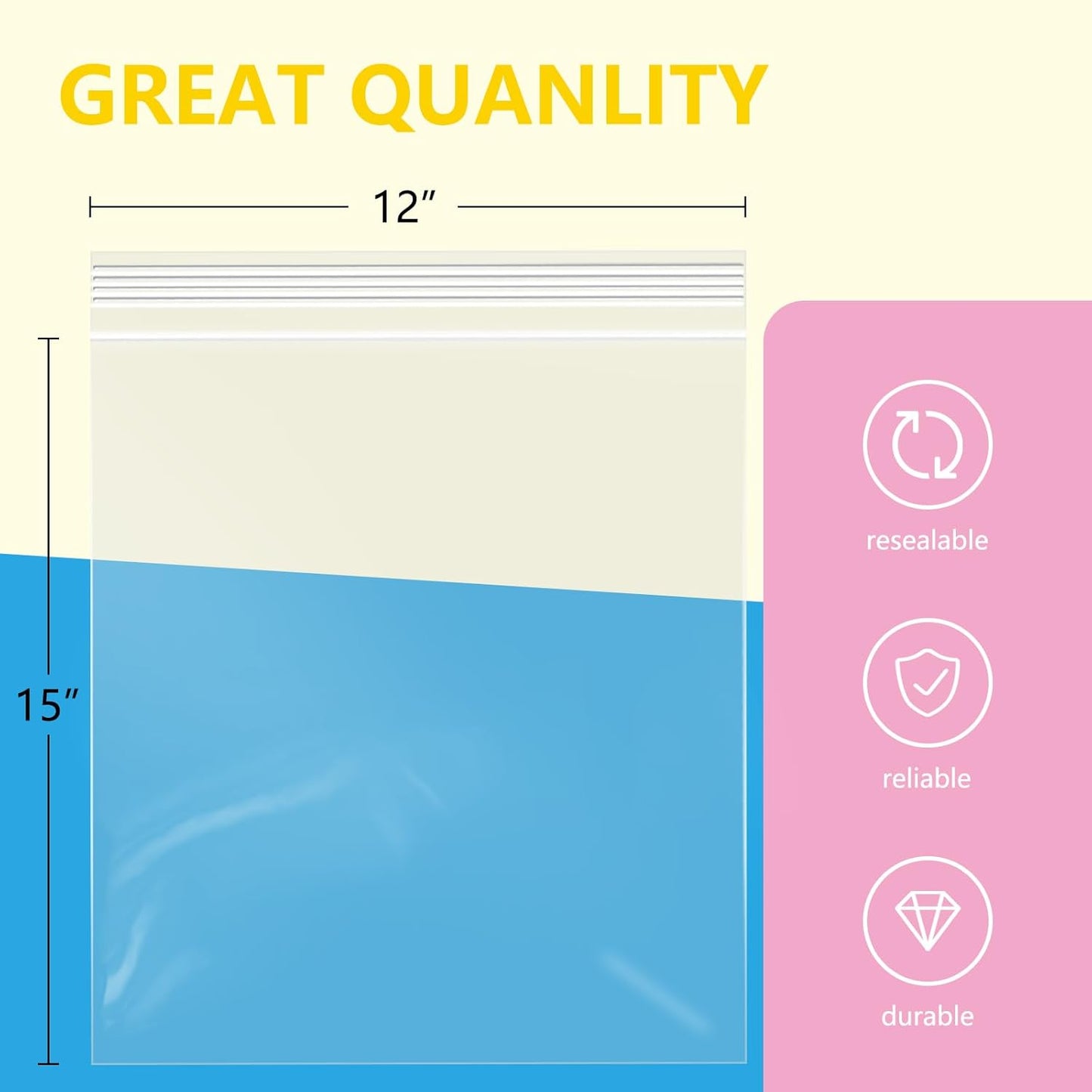 iMailer - 100 Pcs- 12" x 15" Large Plastic Zip Poly Bags- Clear Zip Storage Bag for Clothing, T-Shirts, Pants