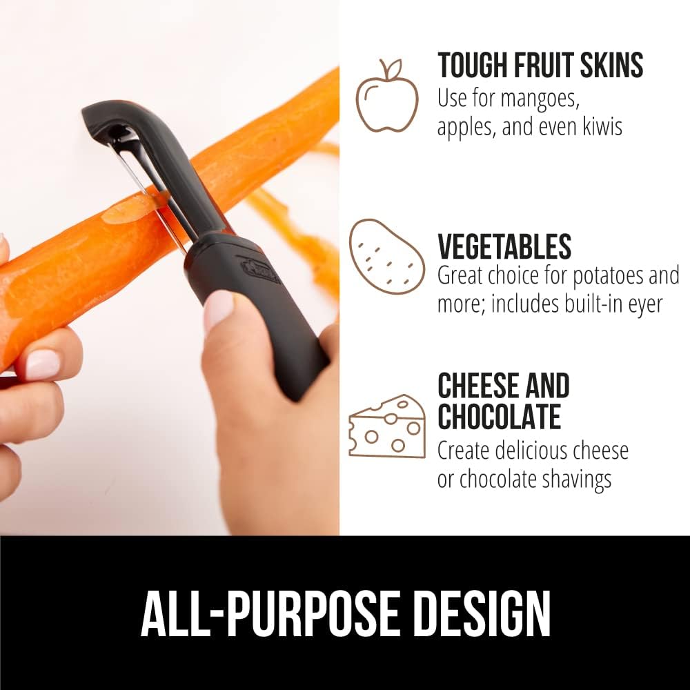 GORILLA GRIP Patented BPA-Free Sharp Stainless Steel Swivel Vegetable Peeler, Comfortable Handle Potato Peelers, Smooth Peeling, Peel Carrots Apple, Includes Blade Cover, Kitchen Tool, Black