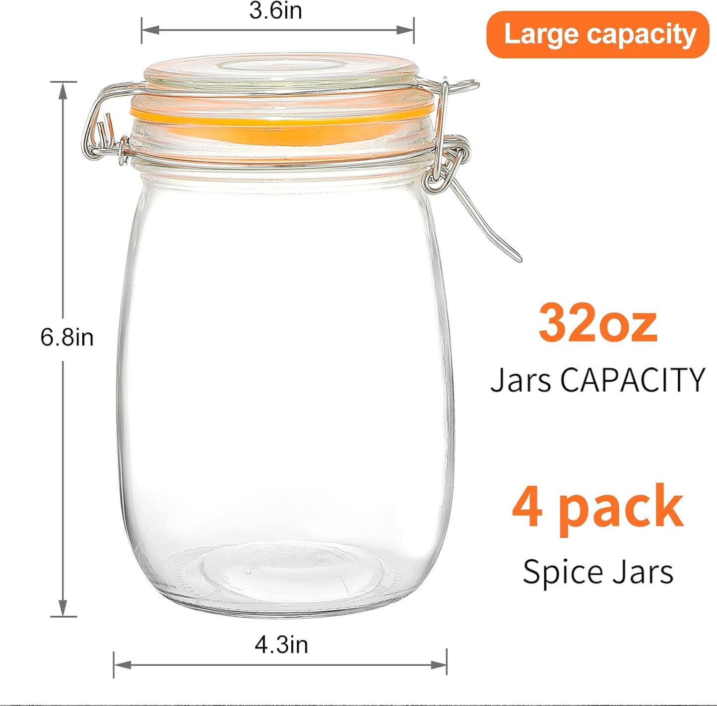 DANALLAN Wide Mouth Mason Jars, 4Pcs 32 oz Glass Jars with Airtight Lid Large Mason Canning Jars Clear Storage Canister Jars with Measurement Marks for Canning Flour Jam Jelly Coffee Sugar Beans