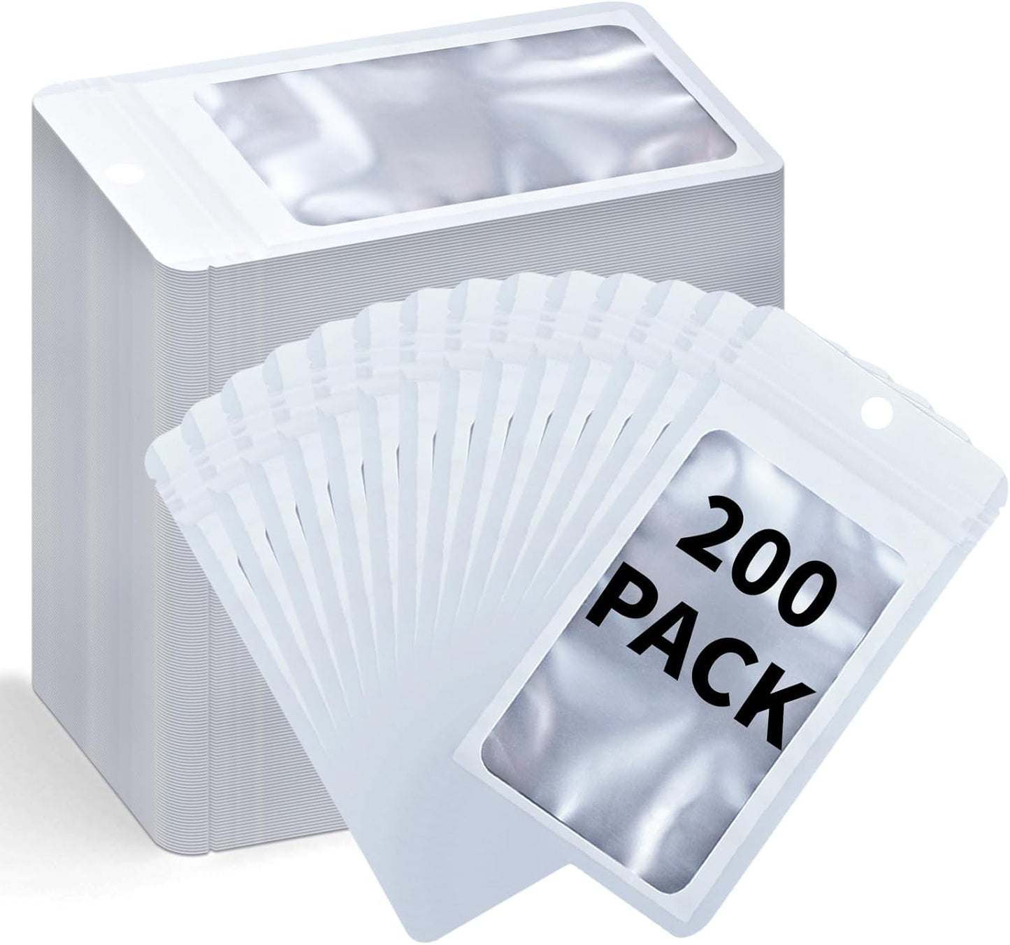 200 Pack Resealable Mylar Holographic Bags Food Storage Smell Proof Bags with Front Window Foil Packaging Pouch for Candy Sample Jewelry Small Business 3.54×6.29 Inch, White
