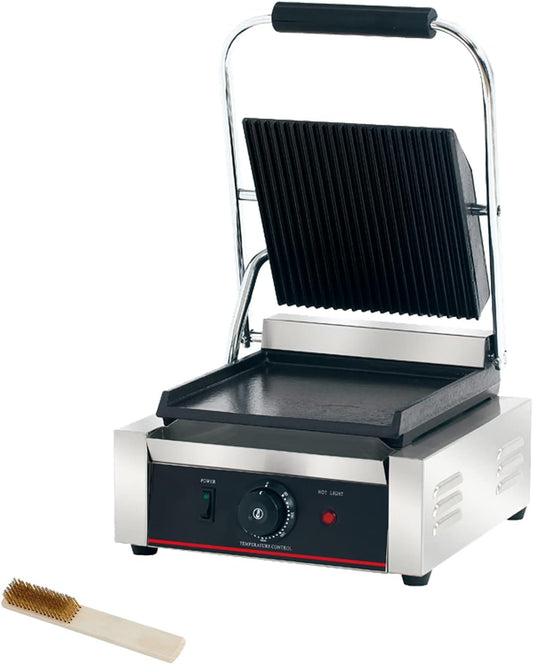 Commercial Panini Press With Grooved Grill Sandwich Maker Machine Electric Contact Grill Single (Single Grooved Top&Smooth Bottom)